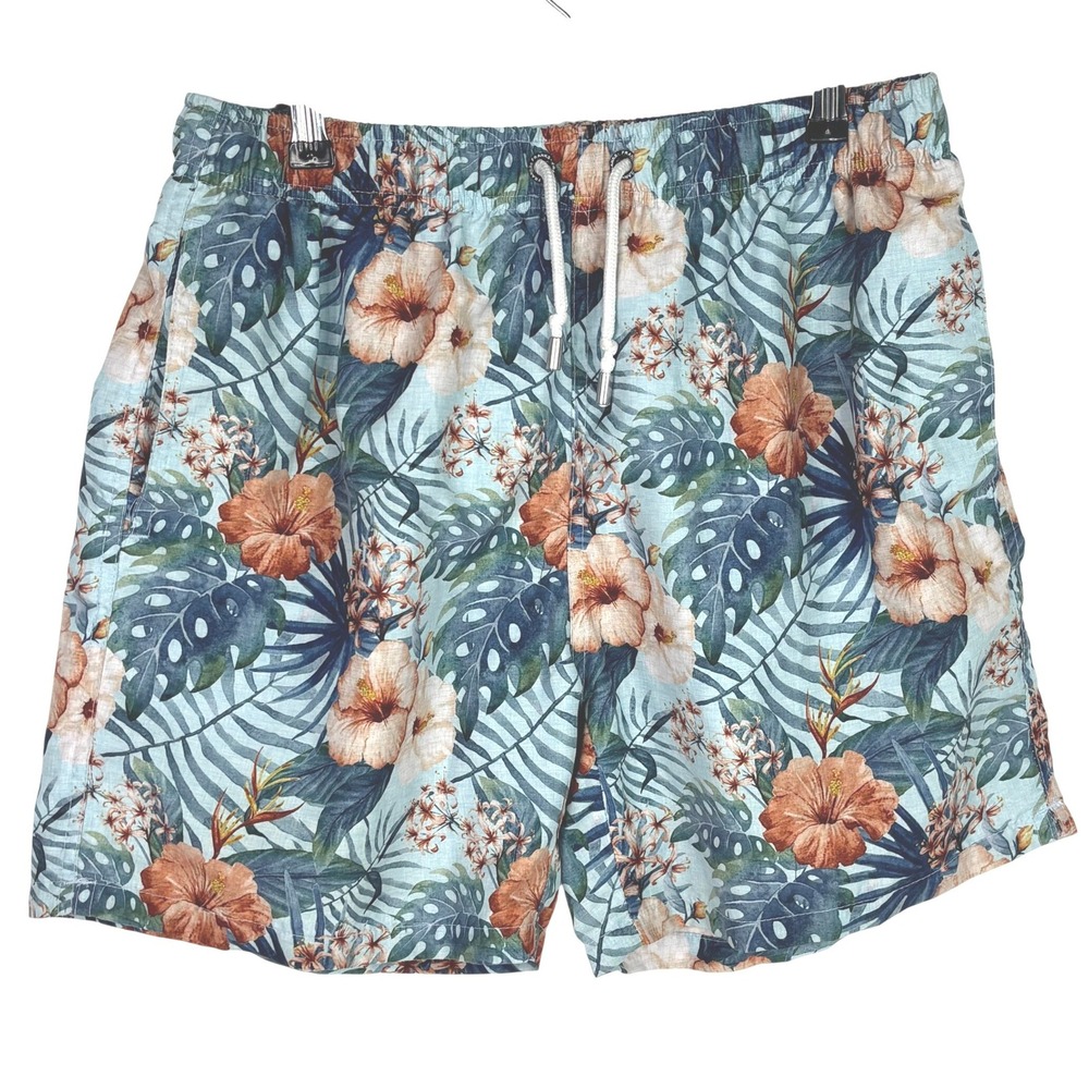 Franks Mens Blue Tropical Floral Monstera Print Swim Trunks Shorts Size L
